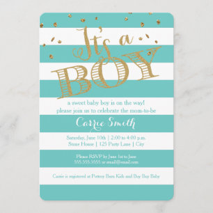 Glam Teal Rugby Stripe Boy Baby Shower Invitation