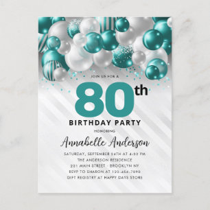 Glam Teal Silver Balloon Glitter 80th Birthday Postcard