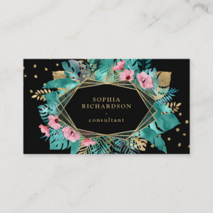 Glam Tropical Gold Leaves on Black   Geometric Business Card