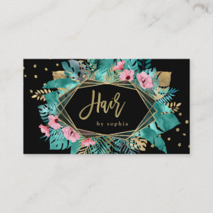 Glam Tropical Gold Leaves on Black   Hair Business Card