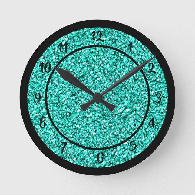 Glam Turquoise Blue Glitter Sparkle  Round Clock (Front)