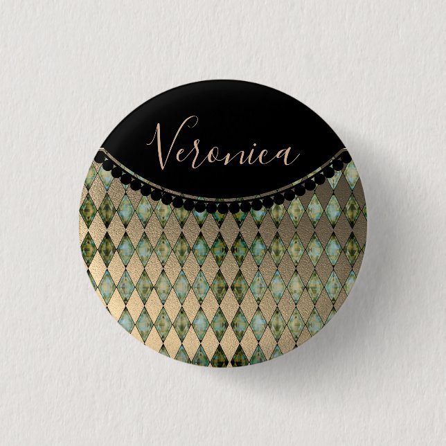 Glam Turquoise Harlequin Personalized  1 Inch Round Button (Front)