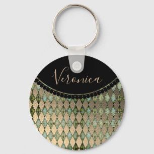 Glam Turquoise Harlequin Personalized Keychain