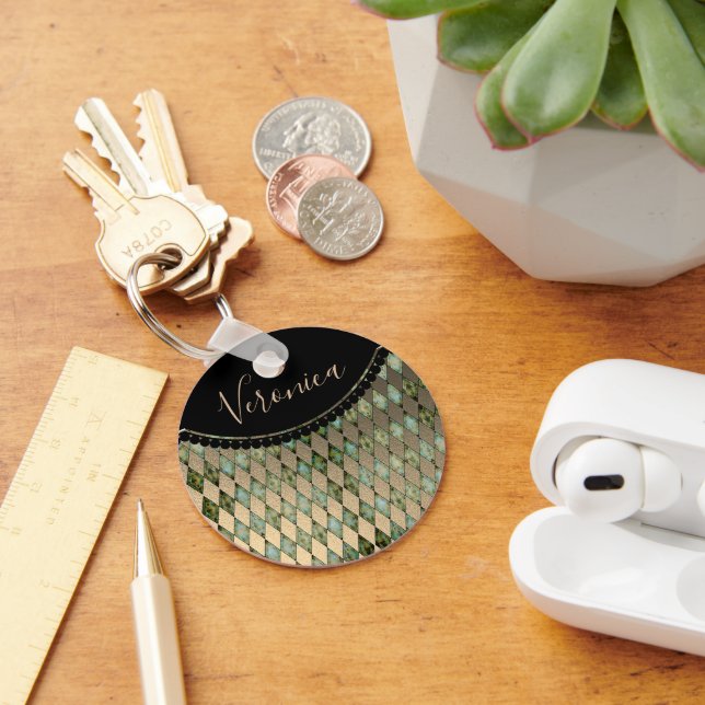 Glam Turquoise Harlequin Personalized  Keychain (Desk)