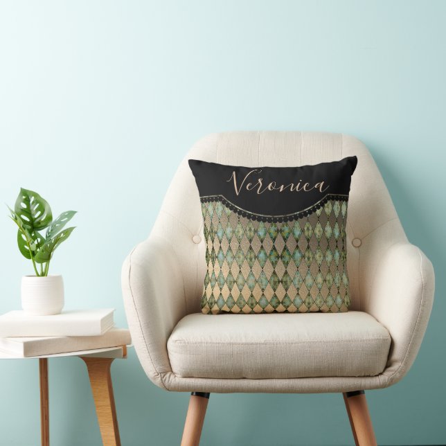 Glam Turquoise Harlequin Personalized  Throw Pillow (Chair)