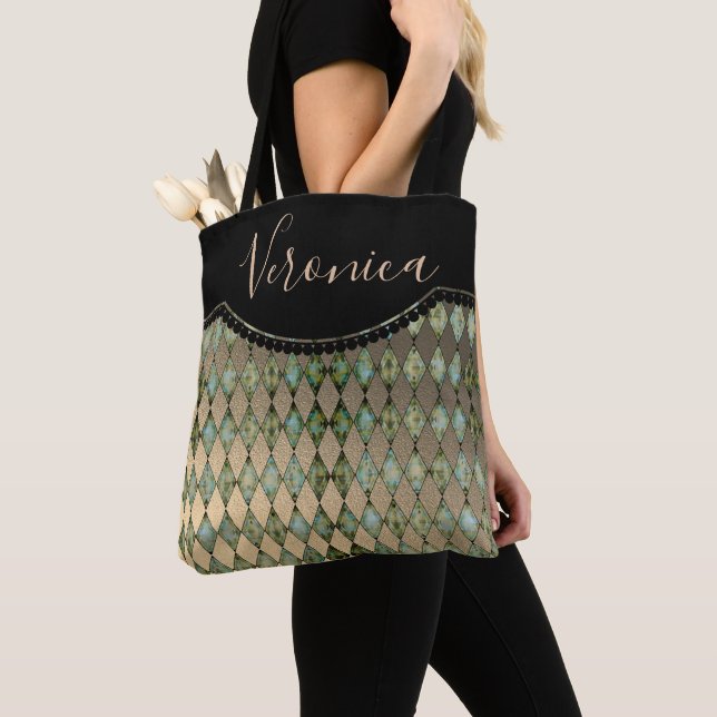 Glam Turquoise Harlequin Personalized Tote Bag (Close Up)