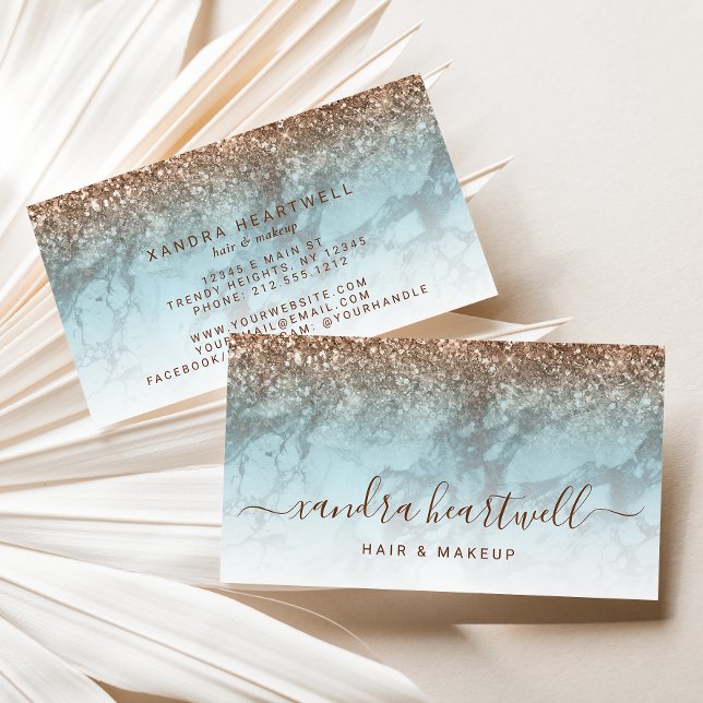 Glam Turquoise Marble Bronze Glitter Script Business Card (Creator Uploaded)