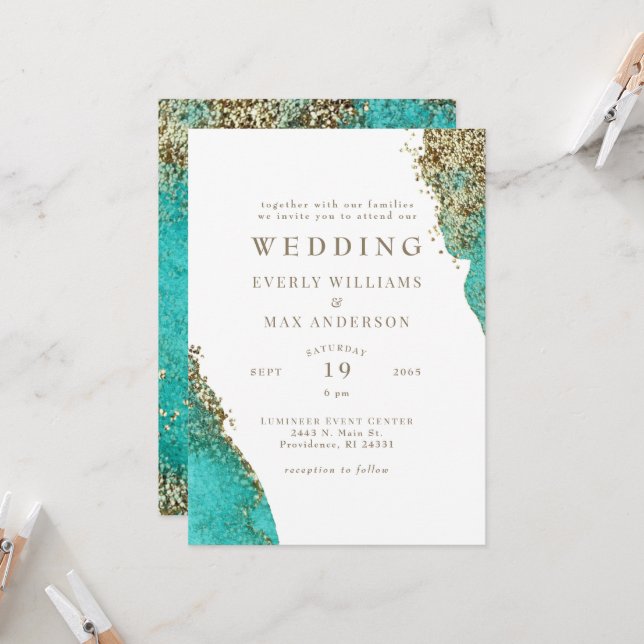 Glam Turquoise & Metallic Gold Wedding Invitation (Front/Back In Situ)