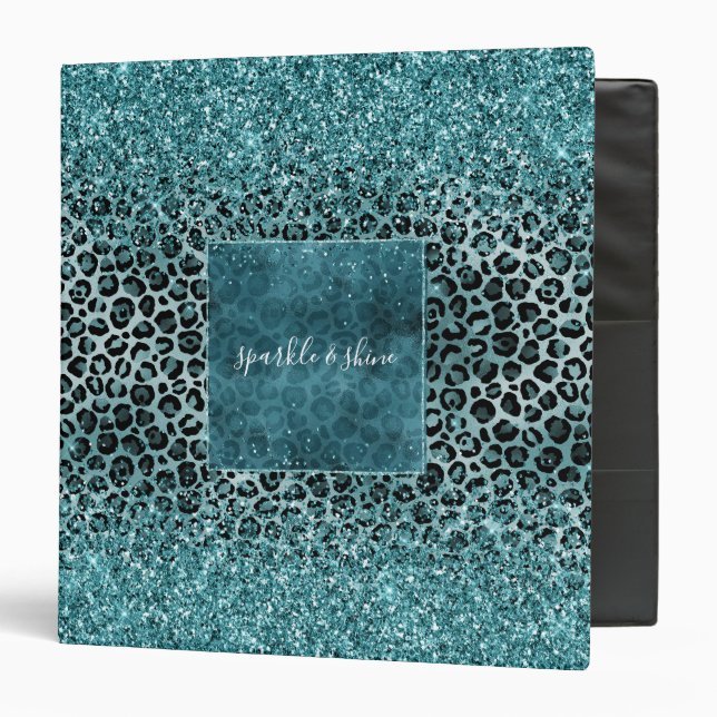 Glam Turquoise Teal Blue Leopard Print Glitter Binder (Front/Inside)
