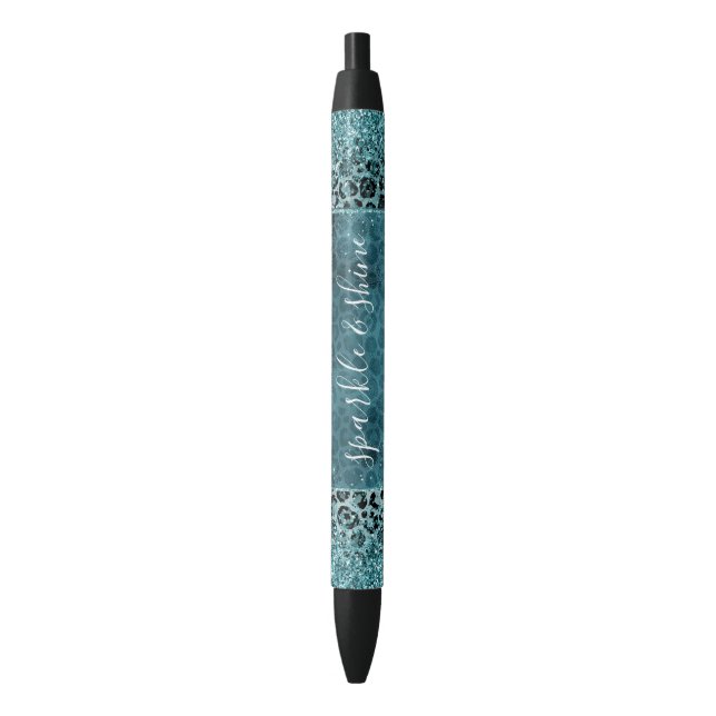 Glam Turquoise Teal Blue Leopard Print Glitter Black Ink Pen (Front Vertical)