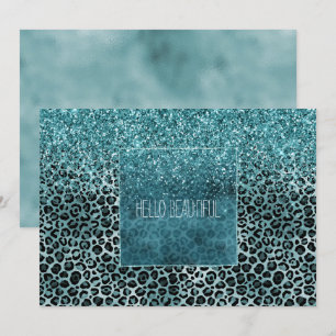 Glam Turquoise Teal Blue Leopard Print Glitter Card