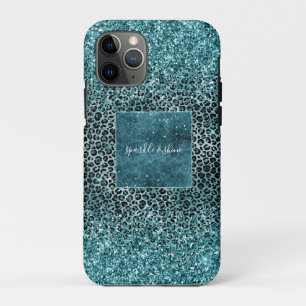 Glam Turquoise Teal Blue Leopard Print Glitter iPhone 11 Pro Case