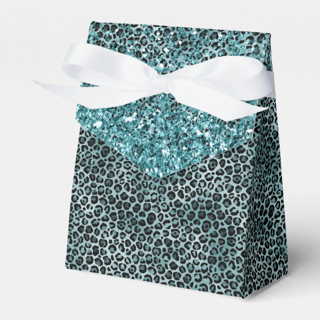 Glam Turquoise Teal Blue Leopard Print Glitter Favor Box (Front Side)