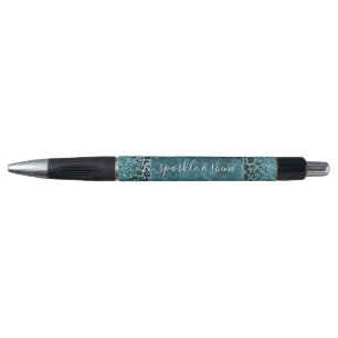 Glam Turquoise Teal Blue Leopard Print Glitter Pen