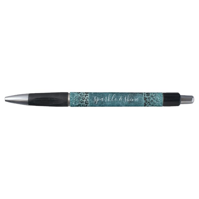 Glam Turquoise Teal Blue Leopard Print Glitter Pen (Front)