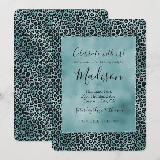 Glam Turquoise Teal Blue Leopard Print Invitation (Front/Back)