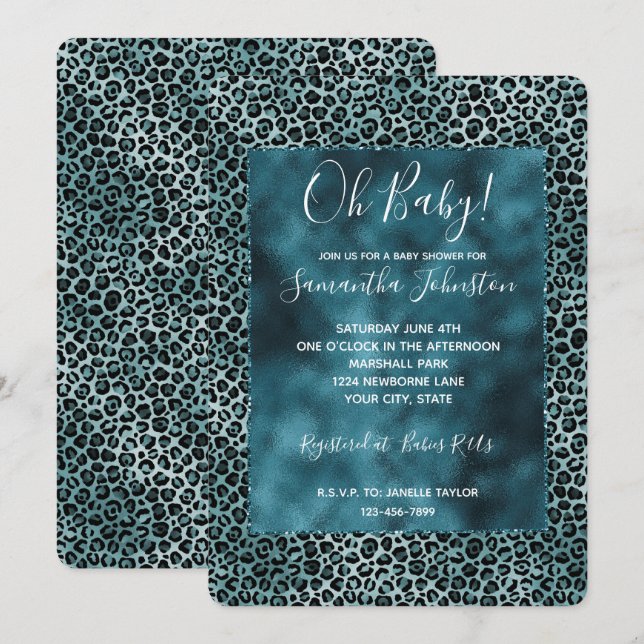Glam Turquoise Teal Blue Leopard Print Ombre Invitation (Front/Back)
