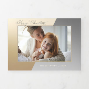 Glam Two-Tone Gold/Silver Calligraphy Photo Tri-Fold Card
