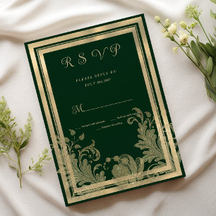 Glam vintage black gold lace floral RSVP  Invitation