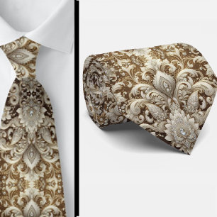 Glam White and Gold Lace Paisley Diamond Neck Tie