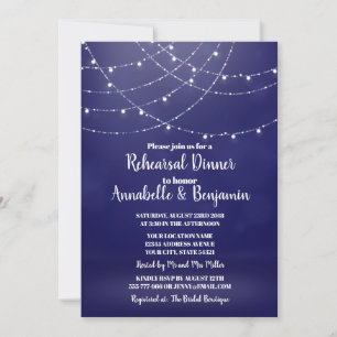 Glam White Fairy Lights Blue Rehearsal Dinner Invitation