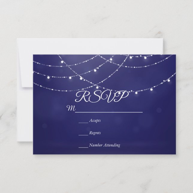 Glam White Fairy Lights Blue  RSVP Card (Front)