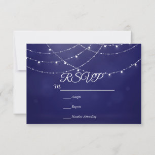 Glam White Fairy Lights Blue RSVP Card