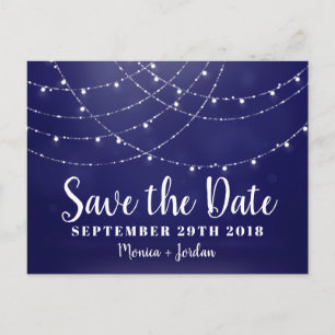 Glam White Fairy Lights Blue SAVE THE DATE Announcement Postcard
