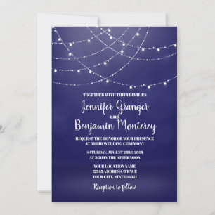 Glam White Fairy Lights Blue Wedding Invitation