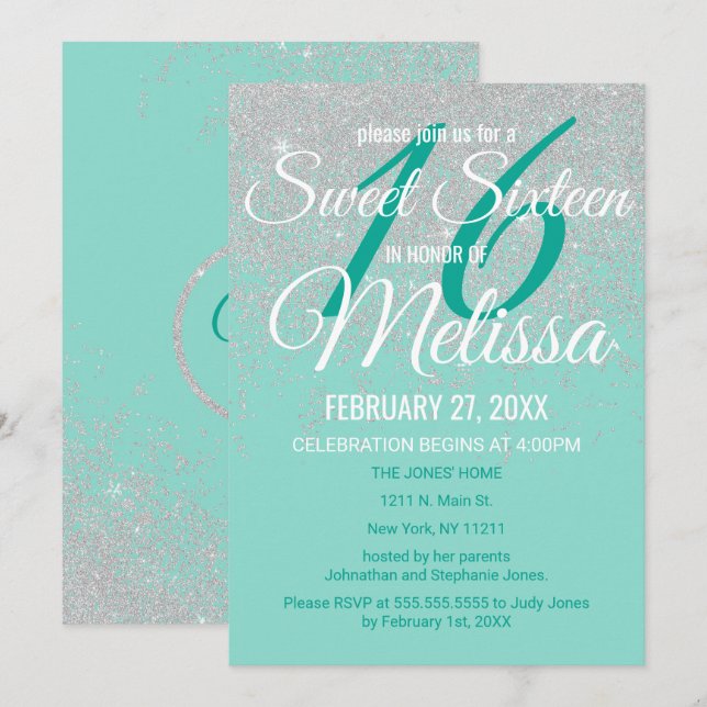 Glam White Glitter Sparkles Teal Sweet 16 Invitation (Front/Back)