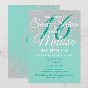 Glam White Glitter Sparkles Teal Sweet 16 Invitation