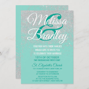 Glam White Glitter Sparkles Teal Wedding Invitation