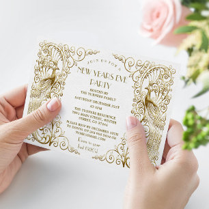 Glam White Gold Art Deco Peacocks New Year's Eve Invitation