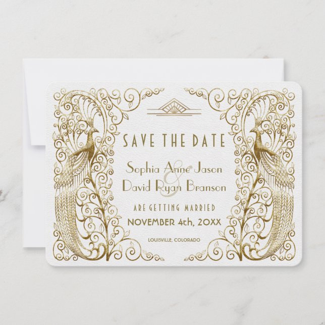 Glam White Gold Art Deco Peacocks Save The Date (Front)
