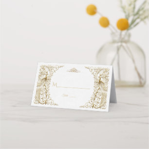 Glam White Gold Art Deco Peacocks Wedding Place Card