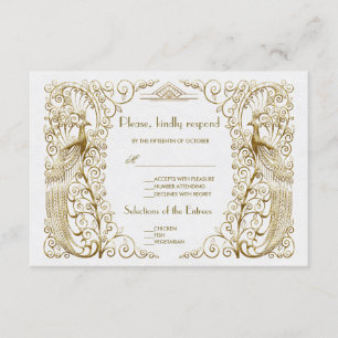 Glam White Gold Art Deco Peacocks Wedding RSVP Card