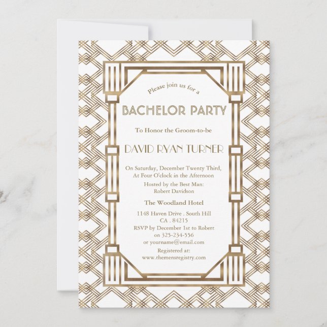 Glam White Gold Great Gatsby 20s Bachelor Party Invitation (Front)