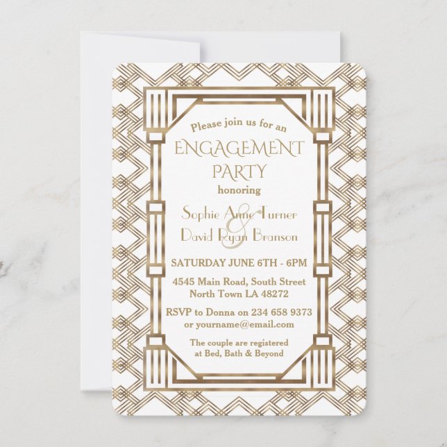 Glam White Gold Great Gatsby Engagement Party Invitation (Front)
