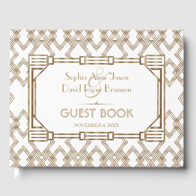 Glam White Gold Great Gatsby Wedding Guest Book (Front)