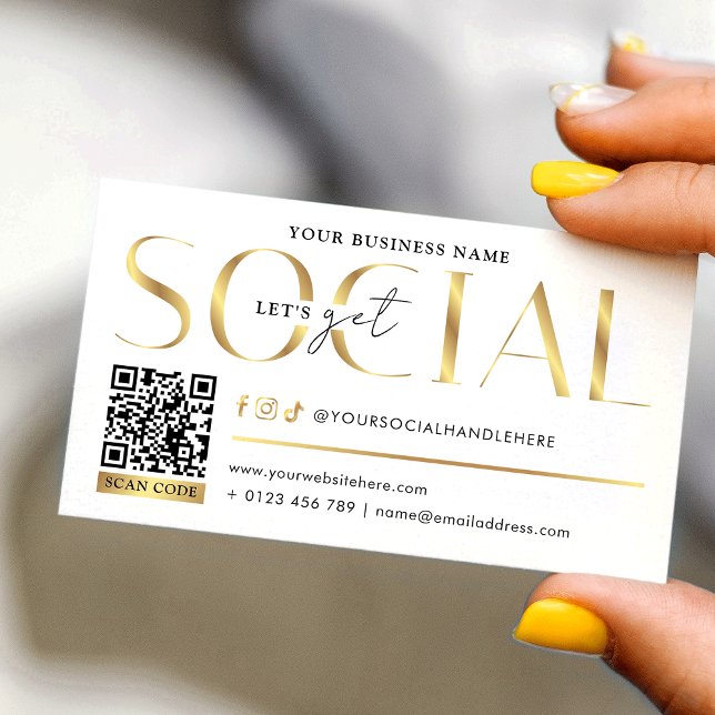 Glam White & Gold Let's Get Social Media QR Code Business Card (Gold effect scannable QR code Let's Get Social business cards - great to promote your social media)
