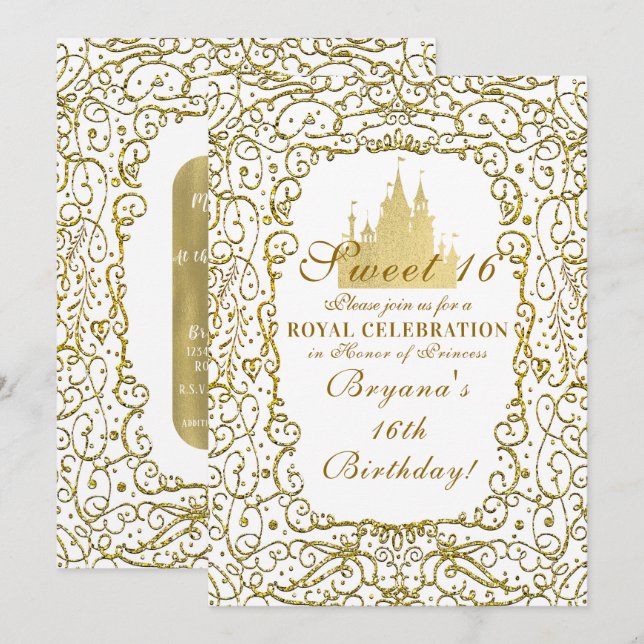 Glam White & Gold Royal Castle Princess Sweet 16 Invitation (Front/Back)