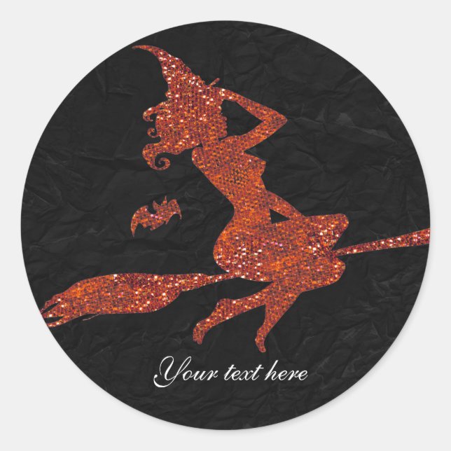 Glam Witch Flying on Broom Halloween Party Favour Classic Round Sticker (Front)