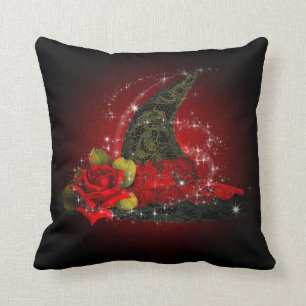 Glam Witch Hat Lacy Black Red Sparkle Elegant Throw Pillow