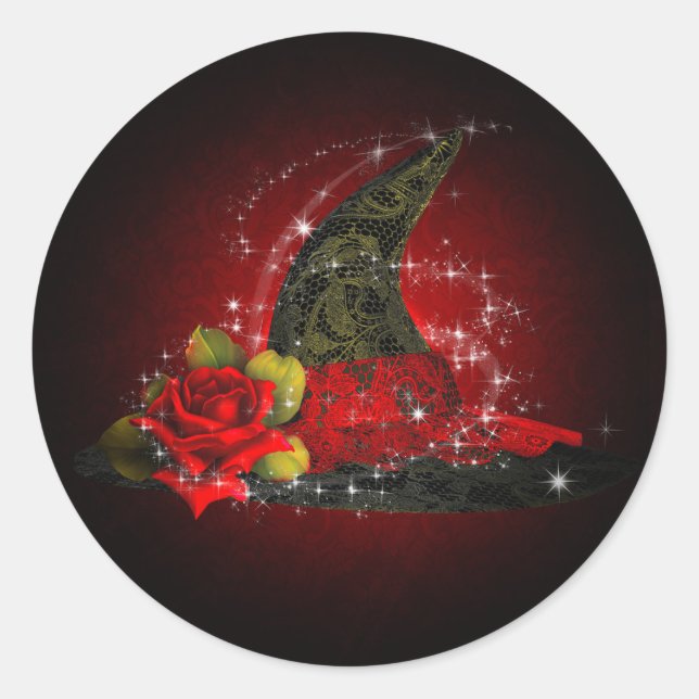 Glam Witch Hat Lacy Black Red Sparkle Party Favour Classic Round Sticker (Front)