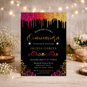 Glam Yellow and Pink Gradient Glitter Quinceanera Invitation
