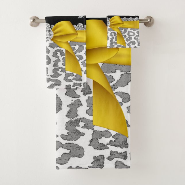 Glam Yellow Bow-Grey Leopard-Silver Floral Sparkle Bath Towel Set (Insitu)