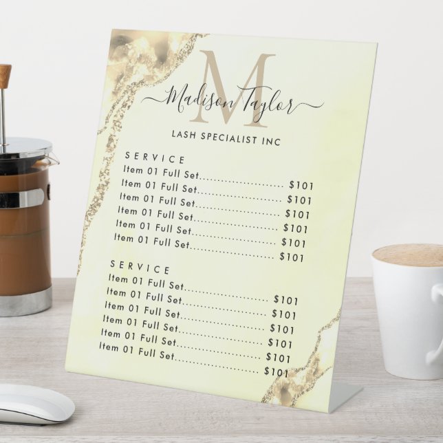 Glam Yellow Gold Glitter Agate Marble Monogram Pedestal Sign (In SItu)