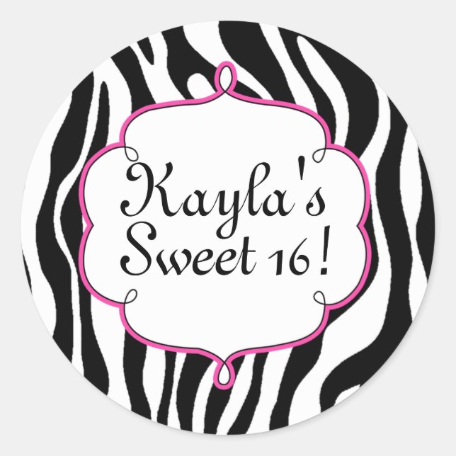 Glam Zebra Print and Pink Sweet 16 Party Sticker (Front)