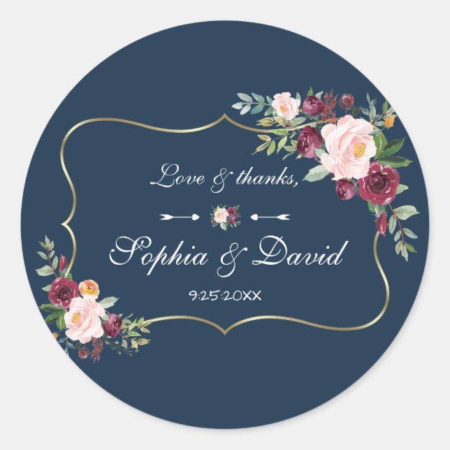 GlamGold Burgundy Blush Floral Navy Blue Wedding Classic Round Sticker (Front)