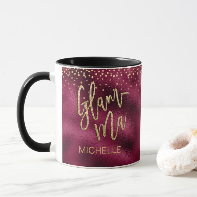 Glamma Glamourous Grandma Burgundy Foil Gold Name Mug (With Donut)